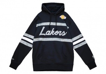 Los Angeles Lakers Mitchell & Ness Color Blocked Long Sleeve Hoodie T-Shirt  - Heathered Gray/Purple